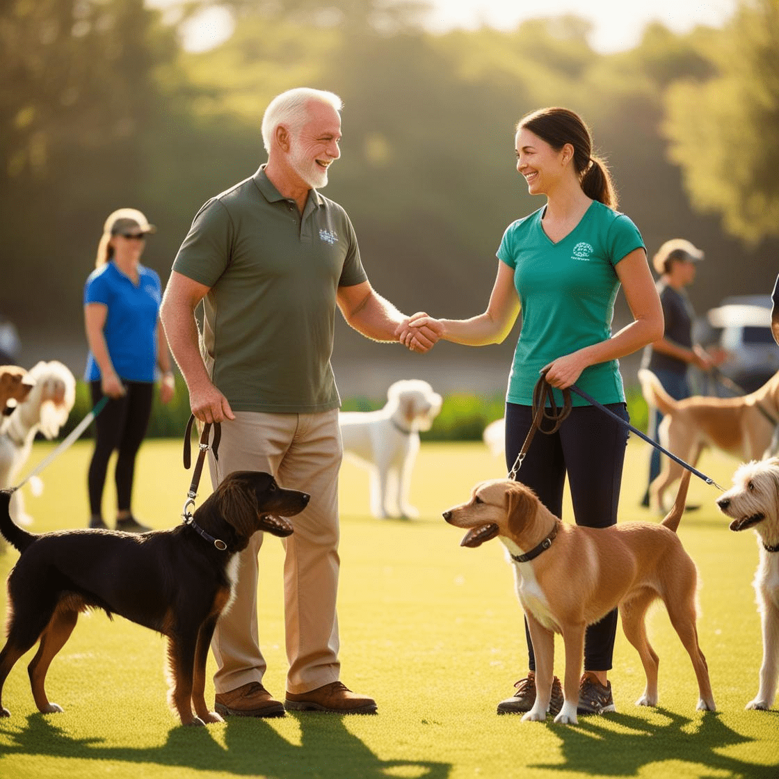 Man and woman greeting with their dogs AI generated image