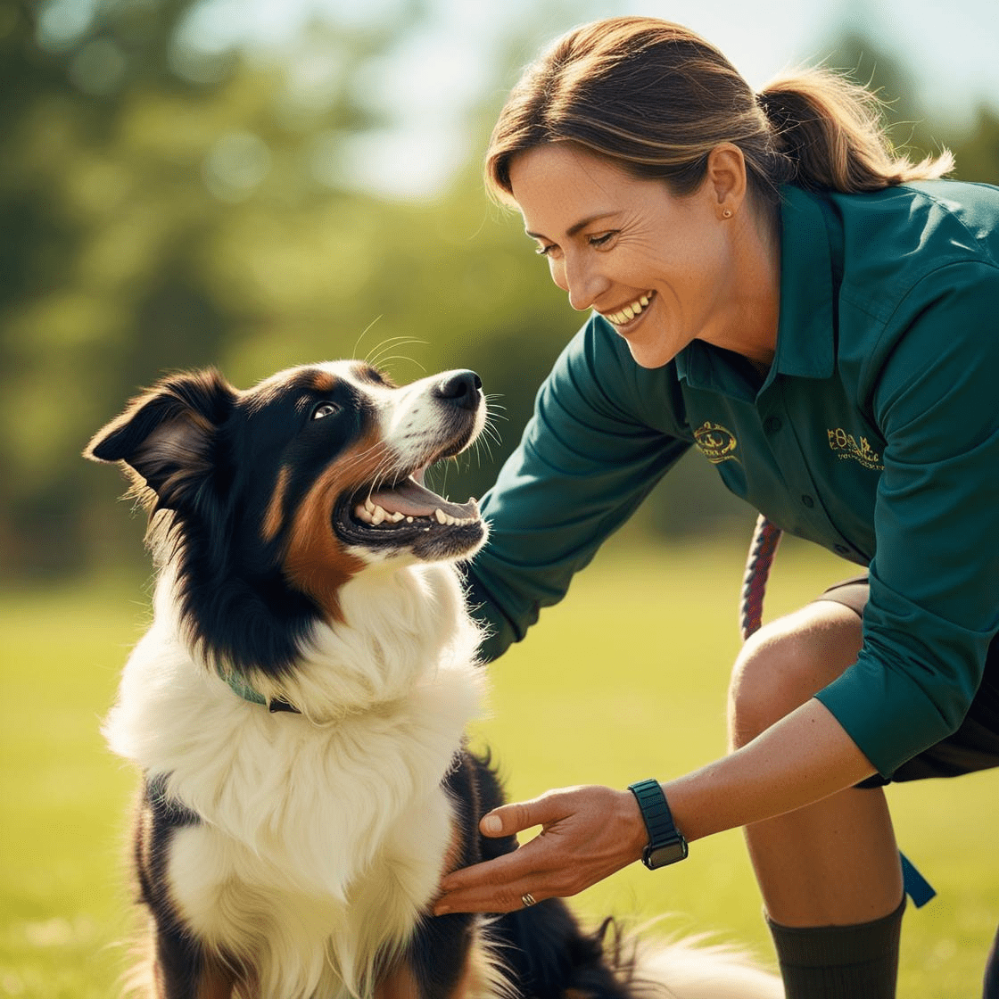 Woman connecting with her dog showing eye contact. AI generated image.